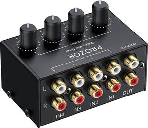lot 142258 image: PROZOR 4-Channel Stereo Audio Mixer, RCA Input Independent Volume Controls  RCA Input and Output Mixer with Volume Adjustment, Full Metal Shell, No Power Required for DJ and Home Theater