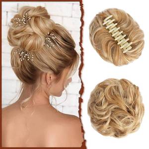 lot 142270 image: SOFEIYAN Claw Clip Messy Bun Hair Piece Wavy Curly Hair Bun Clip in Claw Chignon Ponytail Hairpieces Synthetic Tousled Updo Hair Extensions Scrunchie Hairpiece for Women, Blonde Mixed Platinum Blonde