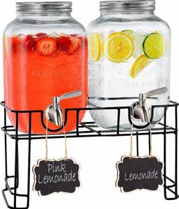 lot 242135 image: FineDine 2 Pack 1 Gallon Glass Drink Dispenser with Stand & Stainless Steel Spigot   drink dispensers for parties, glass beverage dispenser Set, punch bowl for Lemonade, Juice