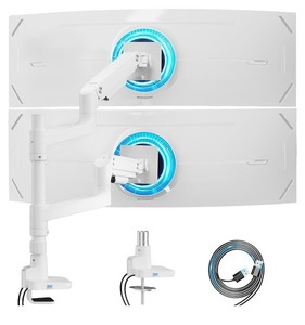 lot 242149 image: Retails for $140 ARES WING White Ultrawide Dual Monitor Mount with USB AC for 17 to 49 InchPro Gas Spring, Aluminum Material, Flexible Screen Layouts, for 75100 Vesa Mount, Hold 44lbs Each Arm, for Samsung Monitor
