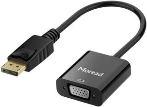 lot 242171 image: Moread DisplayPort to VGA Adapter, Male to Female, Black  One-way from Display Port (DP) source (computer, desktop, laptop) to VGA display (monitor, projector, TV)