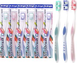 lot 242177 image: DR.BRIGHT Medium Toothbrushes for Adults with Tongue Scraper 6 Pack  BPA-free medium bristle toothbrushes with ergonomic handle. Travel-ready pack with tongue scraper and assorted colors