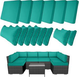 lot 342159 image: 14 Piece Outdoor Patio Cushion Covers Replacement, Waterproof Outdoor Furniture Cushion Covers, Fit 7 Pcs 6 Seater Wicker Rattan Patio Conversation Sofa Set,Teal,25.6x25.6