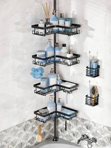 lot 342167 image: KEGII Shower Caddy Tension Pole with 2 Wall Mount Toothbrush Holder, Black  Rustproof Bathroom Organizer with Soap Holder and Hooks, 4 Adjustable Shelves for Renters, Fits 25-114.2 inch Showers