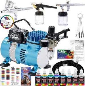 lot 342177 image: Retails for $150 Master Airbrush Cool Runner II Airbrush Kit with Dual Fan Air Compressor, 3 Airbrushes, 6 Color Acrylic Paint Set, Cleaning Brushes & How-To Air Brush Manual, Gravity & Siphon Feed