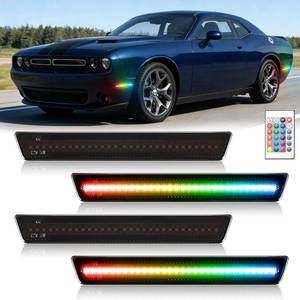 lot 342179 image: RGB Full LED Side Marker Light for Dodge Challenger 2015-2023, Smoked Lens  Multi-color Front Rear RGB Side Markers, 16 Colors Bumper Fender Lamps with 24-Key Remote, Plug-N-Play, 4-Pack
