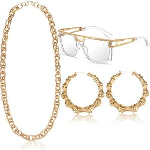 lot 342184 image: Gejoy Hip Hop 90s Rapper Accessories for Woman Sunglasses Chain Earrings  Bamboo Hoop Earrings, Faux Gold Rope Chain, Oversized Shades, 80s Punk Costume Set