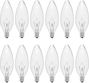 lot 342187 image: 12-Pack 60 Watt Chandelier Light Bulbs, Incandescent Candle Light Bulb - Warm White 2500K, 500 Lumen Dimmable, E12 B10 Clear Candelabra Light Bulbs for Vanity, Ceiling Fan, Wall Sconces (60 Watts)