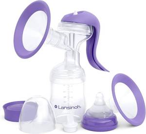 lot 342191 image: Lansinoh Manual Breast Pump, Breast Feeding Hand Pump with Comfortable Flange, Includes 5oz Baby Bottle with Slow Flow Nipple, Breastfeeding Essentials