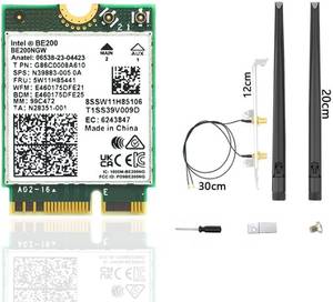 lot 342199 image: WiFi 7 BE200 NGW Wireless Card, Tri-Band 6GHz5GHz2.4GHz M.2 NGFF Bluetooth 5.4, Includes Ipex Cable, 8dBi Antennas and Brackets Support Windows 1011(64 bit)Linux, Not Support AMD. (with Antennas)