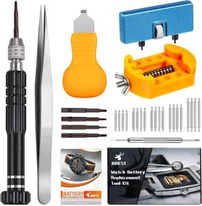 lot 342207 image: JOREST Watch Battery Replacement Kit, Watch Repair Screwdriver, Watch Band Replacement tool, Watch Wrench Back Remover, Watch Case Opener, Watch Back Remover Holder, Spring bar, Tweezers