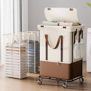 lot 442079 image: Double Laundry Hamper with Lid, Rolling Laundry Basket with Wheels and 2 Removable 75L Bags, 2 Section Large Capacity for Laundry Bedroom Bathroom Dorm, Easy Move & Organize,150L White