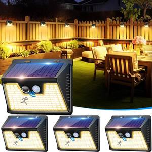 lot 442097 image: Solar Lights Outdoor 4 Pack, 140LED3 Modes Motion Sensor Outdoor Lights Solar Powered, Wireless IP65 Waterproof Solar Lights Outside Bright for Deck Steps Fence Patio Front Door Pathway, Warm White