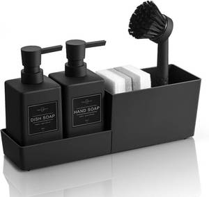 lot 442101 image: Kitchen Soap Dispenser Set with Sponge Holder and Brush for Sink Rack Hand Soap and Dish Soap Dispensers Black 4-in-1