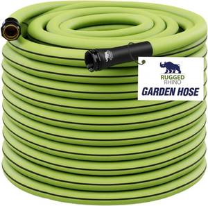 lot 442102 image: RUGGED RHINO Heavy Duty Garden Hose 25ft x 58in, Anti-Kink and Leakproof, Durable 4-Layer Construction, 500 PSI Burst, All Weather Outdoor Watering for Lawn, Garden, Flowers, Green and Black