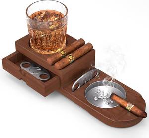 lot 442103 image: Wooden Ashtray with Whiskey Glass Holder & Cigar Rest   4-in-1 Tray with Cutter Slot and Humidor, Accessories Set for Men Gift, Perfect Holiday Present, Elegant Design