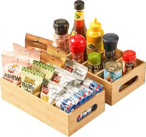 lot 442106 image: Umilife Bamboo Pantry Organizers and Storage Bins with Removable Dividers, Kitchen Drawer Cabinet Countertop Organization for Snack, Spice Packets, Teabags, Seasoning Pouches (2 Pack)