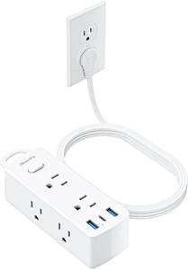 lot 442117 image: Olcorife Flat Plug Power Strip with 5 FT Extension Cord, 6 Outlets 3 USB Ports(1 USB C), 3 Sided Outlet Extender for Home Office Travel Dorm Room Essentials, White