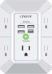 lot 442125 image: Wall Charger, Surge Protector, QINLIANF 5 Outlet Extender with 4 USB Charging Ports, 3-Sided 1680J Power Strip Multi Plug Adapter Spaced for Home Travel Office