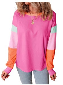 lot 411484 image: Womens 2025 Long Sleeve T-Shirts Round Neck Colorblock Tops
