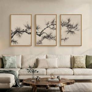 lot 152155 image: HPNIUB Vintage Beige Pine Tree Framed Canvas Wall Art Set 16x24x3  Sketch Black Tree Branch Modern Minimalist Botanical Living Room Bedroom Office