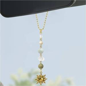 lot 152210 image: Sun Hanging Car Charm, Rear View Mirror Cute Boho Dangling Sun Car Decor Hanging Ornament, Handmade Healing Natural Crystals Stones Sun Catcher Mirror Pendant for Women Men (Green)