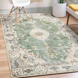 lot 251631 image: MUJOO Green Rug 3x5 Washable,Boho Area Rugs Small Non Slip Low-Pile Floral  Machine Washable Throw Carpet for Entryway Bedroom Bedside Kitchen Hallway Living Room Soft Indoor Flowers Sage Green