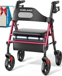 lot 251647 image: Foldable Rollator Walkers with Seat for Seniors, 8 Big Wheels, 350 lb. Weight Capacity, Adjustable Handles and Seat Height, Lightweight Rolling Walker, Red
