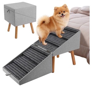 lot 251648 image: Retails for $130 Dog Ramp for Bed & Couch, Dog Stairs 21.06 inches High for LargeMediumSmall Doggie, Foldable 2 in 1 Wooden Pet Steps for Puppy Older and Injured Dogs, Split Ottoman Design, No-Slip Surface