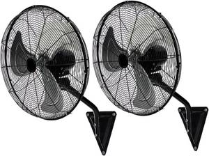 lot 251656 image: Retails for $160 TMWINGS 20 Inch Wall Mount Fan, 2 Pack Heavy Duty Oscillating Wall-Mounted Fan with 6600 CFM, High Velocity 3 Speed Fans with Adjustable Tilting for Workshop, Garage, Patios, Industrial, Black