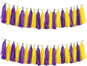 lot 251663 image: Purple Yellow Tassel Garland,Tissue Tassel Banner for Basketball Sport Theme Party Birthday, Graduation Decorations,Party Supplies for Men Boys Adults,Pack of 20