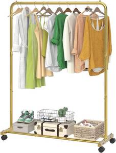 lot 351806 image: Simple Trending Standard Clothes Clothing Garment Rack with Storage Shelves, Rolling Clothes Organizer on Wheels for Hanging Clothes, Gold