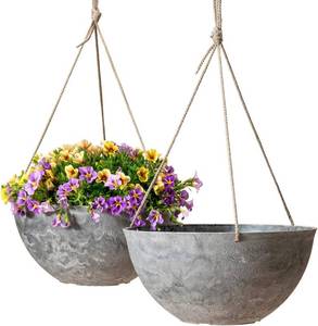 lot 351826 image: LA JOLIE MUSE Hanging Planter Baskets for Outdoor Plants, Set of 2, 13 Inch  Large Hanging Baskets with Drainage Holes, Marble Pattern Hanging Planters for Windows, Porches, Balconies, Gardens, Patios