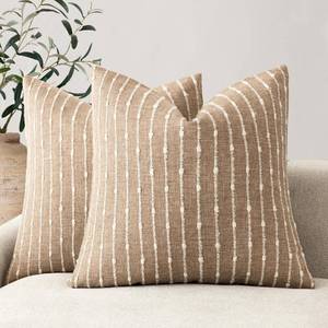 lot 351828 image: Foindtower Pack of 2 Decorative Jacquard Boucle Throw Pillow Covers Accent Textured Striped Pillowcases Soft Cozy Boho Modern Cushion for Couch Sofa Bedroom Living Room Home Decor 20x20 Inch Camel
