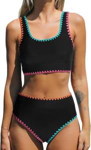 lot 351831 image: CUPSHE Women Bikini Sets Scoop Neck Sporty Two Piece Swimsuit Midkini  Soft Removable Cups,Wide Straps,High Waisted Bathing Suit,Stitching,Color Block,Tank Top,Swimwear For Vacation And Beach
