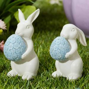 lot 351835 image: WDS WONDROUS Easter Decorations Bunny Figurines Set, Cream White Bunny with Blue Flower-Embossed Egg - Minimalist Spring Home Decor Resin Statue Set of 2, Simple Gift for Table Desk Wedding