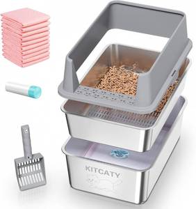 lot 351847 image: Stainless Steel Sifting Litter Box, for Pine Wood Pellet Cat Litter, XXL Metal Cat Litter Boxs with Lid, 23.6X15.7X14 High-Sided Litter Box,Leak-Proof,Easy to Clean, with Scoop, Urine Pad, Liner