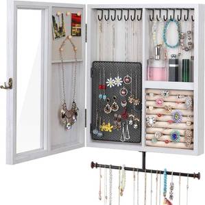 lot 452171 image: Keebofly Wall Mounted Rustic Wood Jewelry Organizer Cabinet - White  Large Hanging Holder Display for Necklaces, Earrings & Bracelets, Space Saving Ring Storage, Great Gift for Women