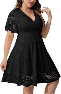 lot 452176 image: SCOMCHIC Women Plus Size Lace Cocktail Dresses Faux Wrap V Neck Short Sleeve Flowy A Line Wedding Guest Midi Dress