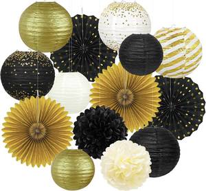 lot 452189 image: Black and Gold Party Decorations, 14Pcs Paper Lanterns Fans for Birthday  Elegant Hanging Decor for 40th 50th 60th Birthdays, Gatsby Parties, Prom, New Years Eve, Graduations Party Supplies