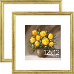 lot 452191 image: Vittanly 12x12 Picture Frames Set of 2, Ornate Vintage Photo Frame for Wall or Tabletop, Display 8x8 Pictures with Mat or 12x12 without Mat, Rustic Gold