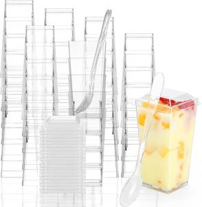 lot 452192 image: EASERCY 50 Pack 3 oz Square Mini Dessert Cups with Lids and Spoons Clear Dessert Shooter Cups with Spoons Parfait Cups with Lids Appetizer Cups for Party Small Plastic Dessert Cups for Pudding