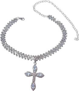 lot 452221 image: Silver cross Cuban Link Chain Necklace for Women  hinestone cross pendant necklace and silver religious necklace