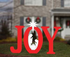 lot 452118 image: Retails for $170 FrontYard Originals All-Weather Red Joy Nativity, Waterproof, Made in USA, 46 inches Tall, Durable Material, Simple Assembly, Easy Storage, Yard Art Joy Nativity Set.