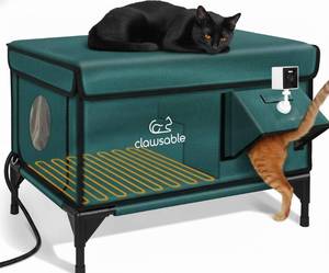 lot 452148 image: Retails for $195 Indestructible Heated Cat House with Pet Camera for Outside Winter, 100% Waterproof, Escape Door, Insulated Outdoor Cat Shelter with Heater for Feral Barn Cat Kitty (Forest Green, 25.5x16x18)