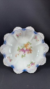 lot 29 image: Porcelain Floral Bowl with Blue Trim Made in Germany