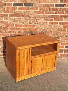 lot 46 image: Wood TV Stand Cabinet with Open Shelf and Doors