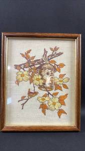 lot 59 image: Framed 8 by 10 Inches Embroidered Artwork Birdhouse Flowers Birds