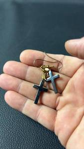 lot 67 image: Malachite Cross Dangle Earrings Gold Tone Hooks Pair