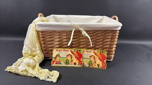 lot 80 image: Wicker Basket with Linen Liner ( 16 by 13 by 8 ) and Nubuck Handles with Needle Books and Lace Scarf